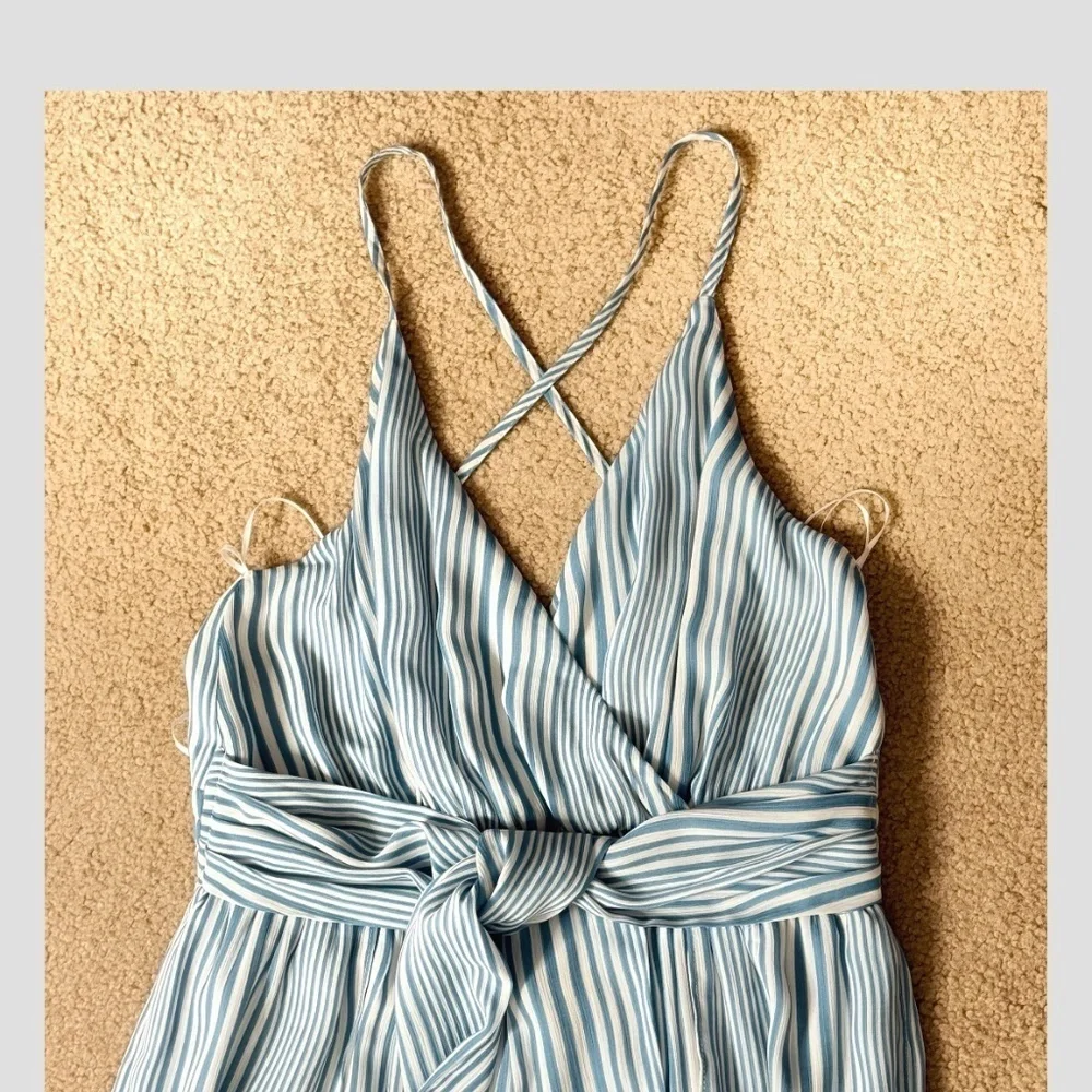 Moon River Anthropologie Jumpsuit Beach Blue White Stripe Cropped Flyaway Leg
